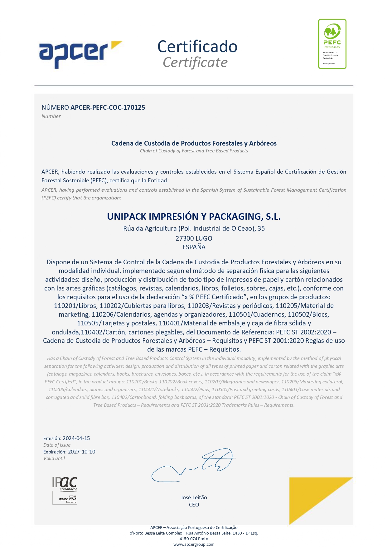 Unipack iso certificado